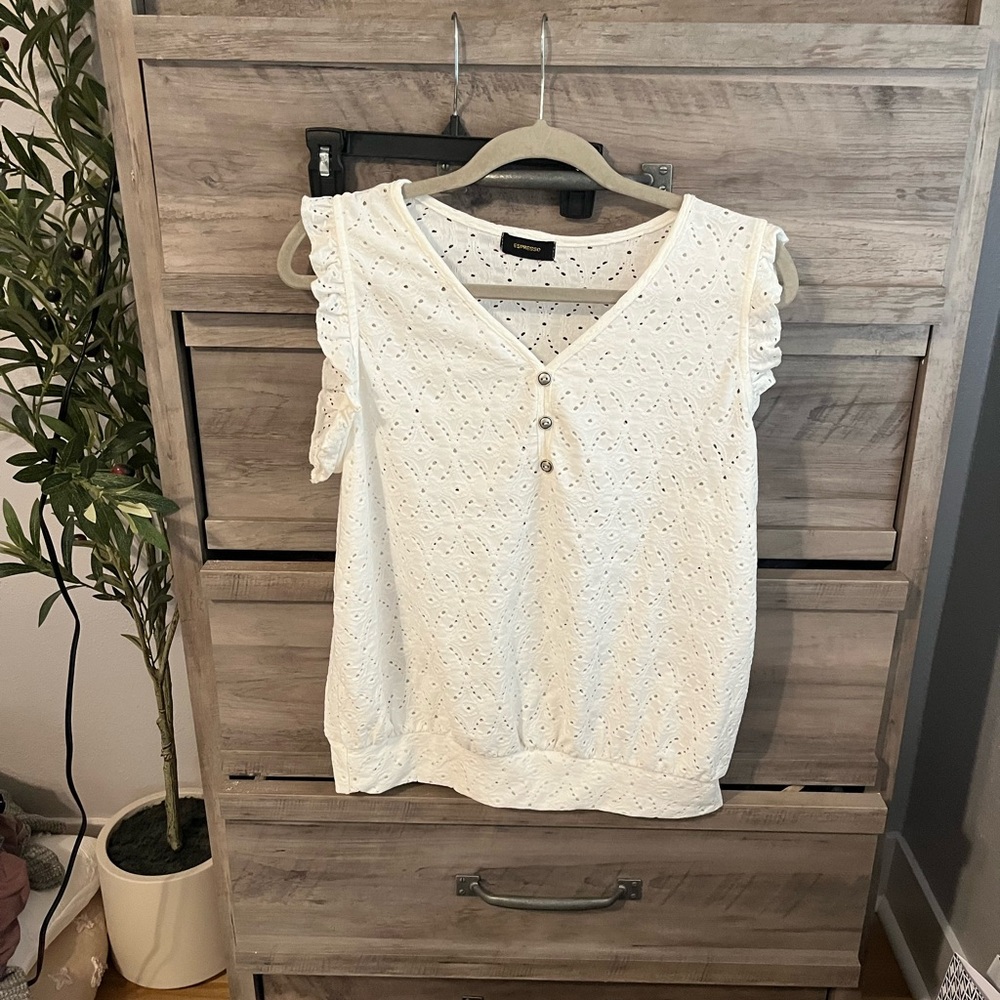 Espresso Cream Eyelet Ruffle Sleeve Blouse